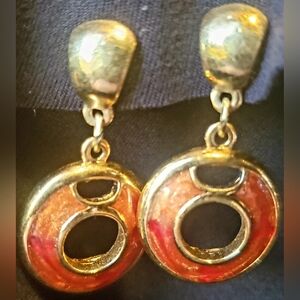 Vintage Edgar Berebi Gold Tone With Orange And Red Enamel Dangle Earrings  80s
